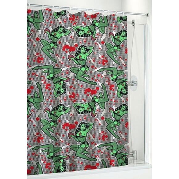 Zombie Tattooed Pin-Up Girl Shower Curtain Blood Splattered Campy Halloween - Picture 1 of 4